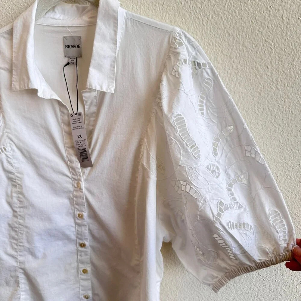 Nic+Zoe Eyelet Embroidered Puff Sleeve Cotton/Span Button Down Blouse - 1X - Picture 4 of 8